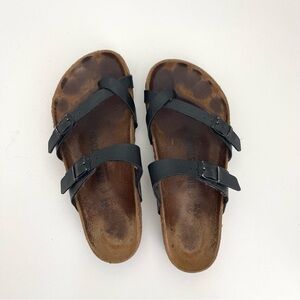 Birkenstock Mayari Black Tan Criss Cross Strappy Slides or Sandals Shoes Size 37